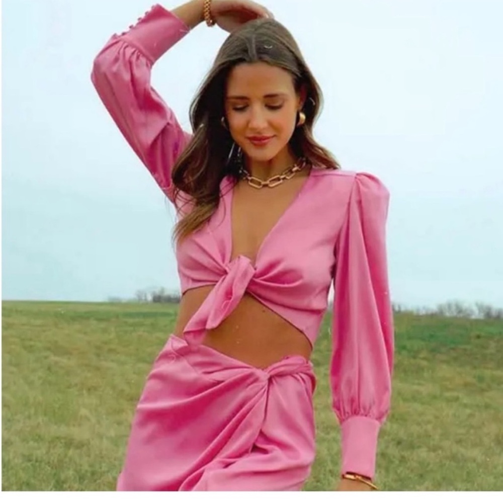 Wayf Pink Tie-Front Top crop top long sleeve pink NWT